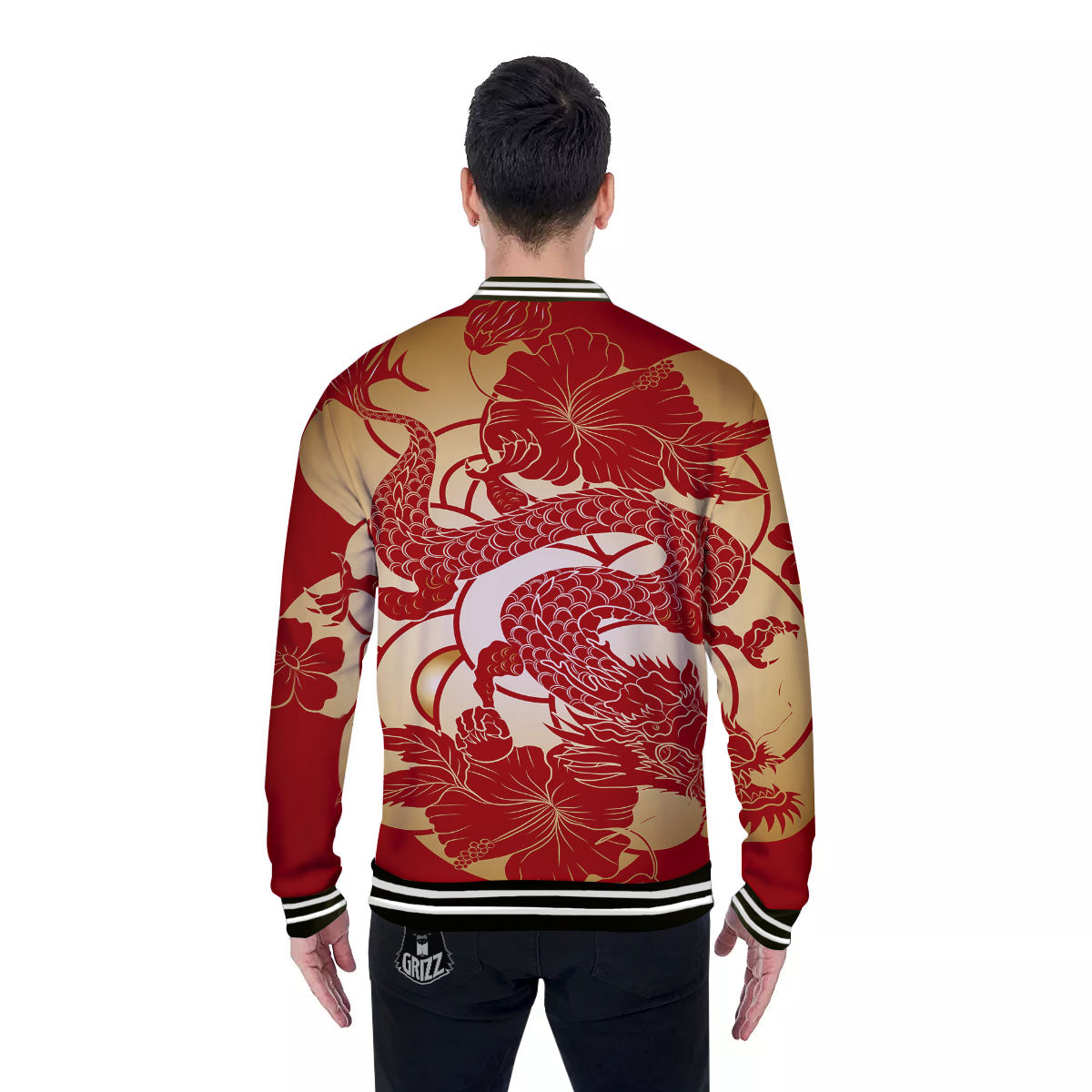 Dragon Tattoo Red Japanese Print Baseball Jacket-grizzshop