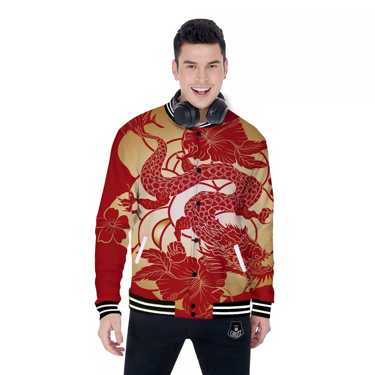 Dragon Tattoo Red Japanese Print Baseball Jacket-grizzshop