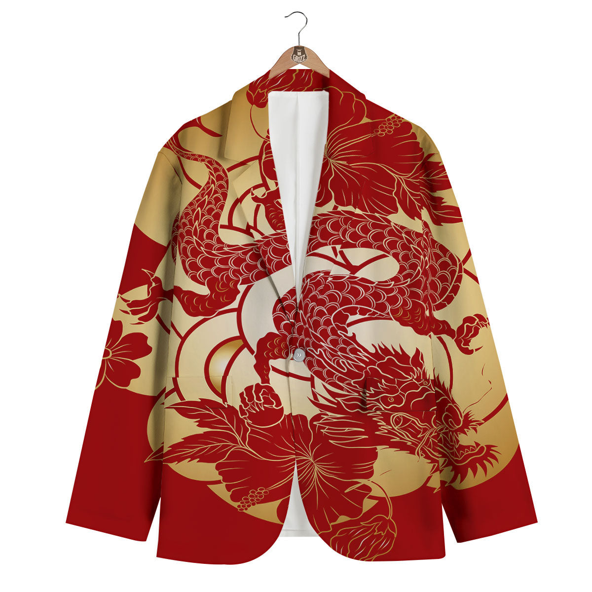 Dragon Tattoo Red Japanese Print Men's Blazer-grizzshop