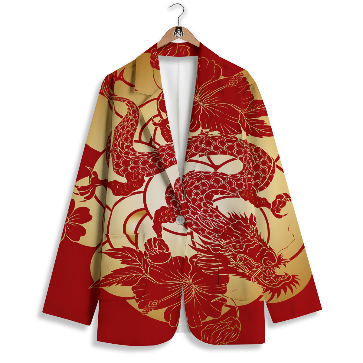 Dragon Tattoo Red Japanese Print Women's Blazer-grizzshop