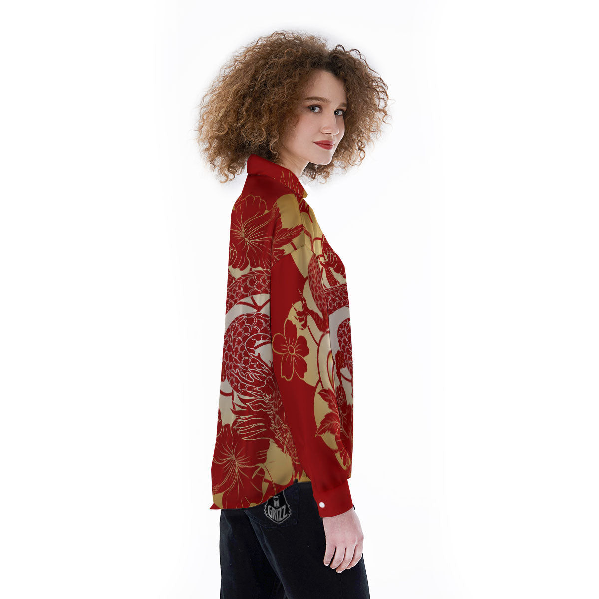 Dragon Tattoo Red Japanese Print Women's Long Sleeve Shirts-grizzshop