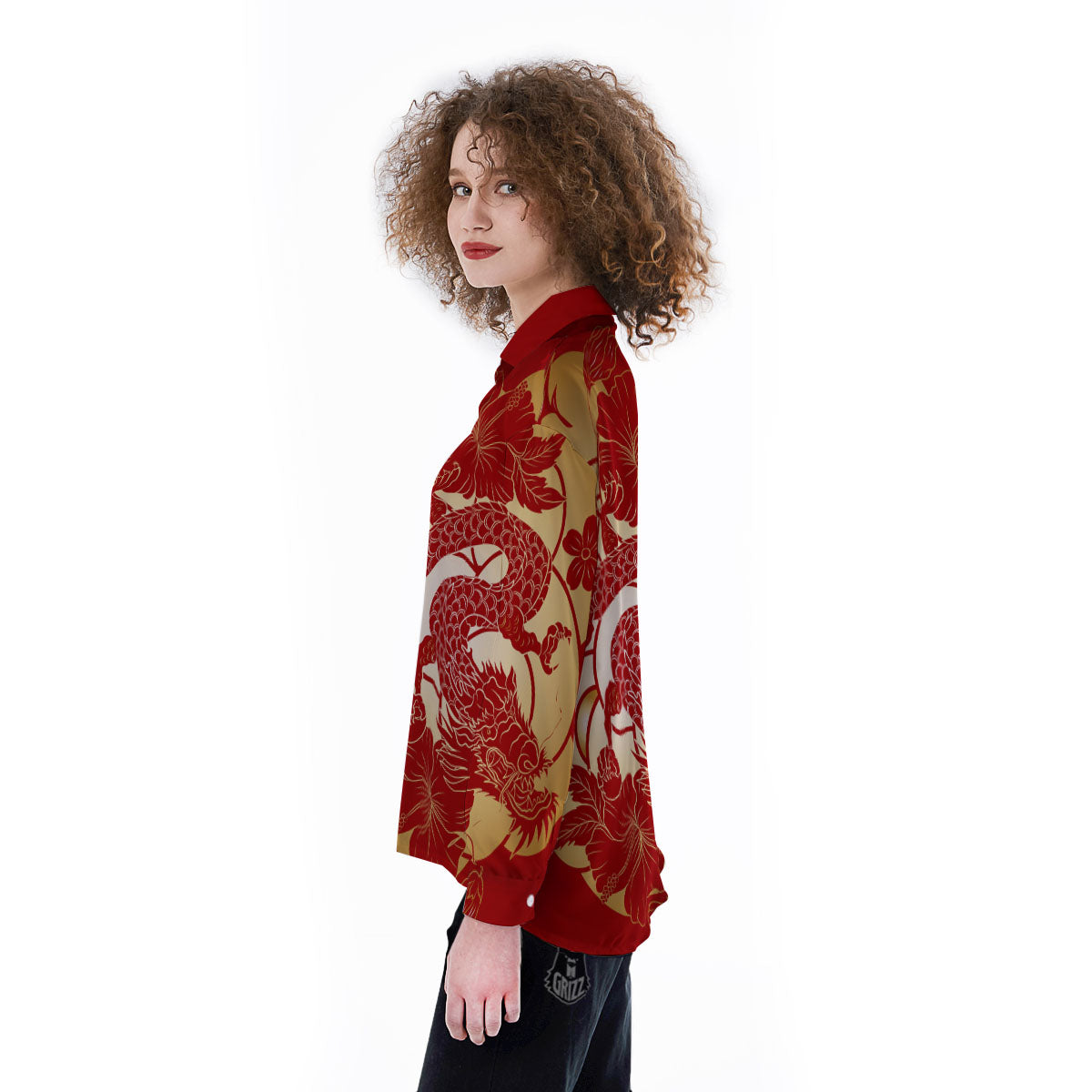 Dragon Tattoo Red Japanese Print Women's Long Sleeve Shirts-grizzshop
