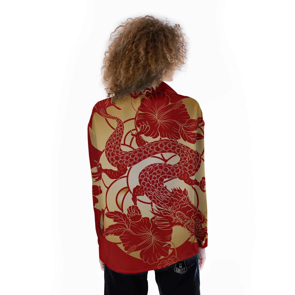 Dragon Tattoo Red Japanese Print Women's Long Sleeve Shirts-grizzshop