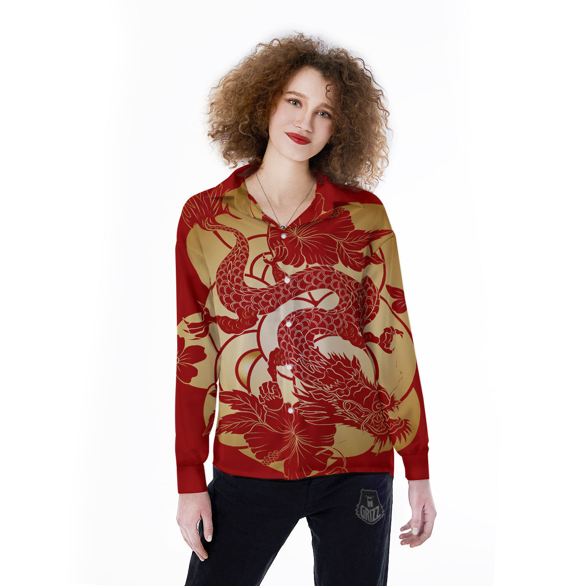 Dragon Tattoo Red Japanese Print Women's Long Sleeve Shirts-grizzshop