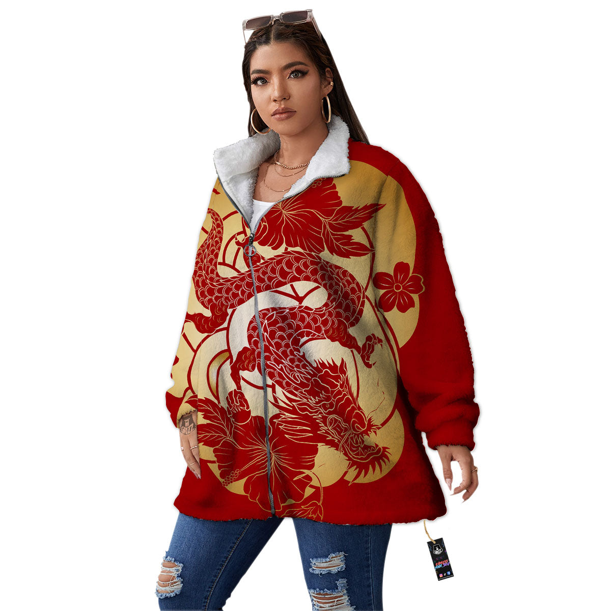 Dragon Tattoo Red Japanese Print Women's Sherpa Jacket-grizzshop