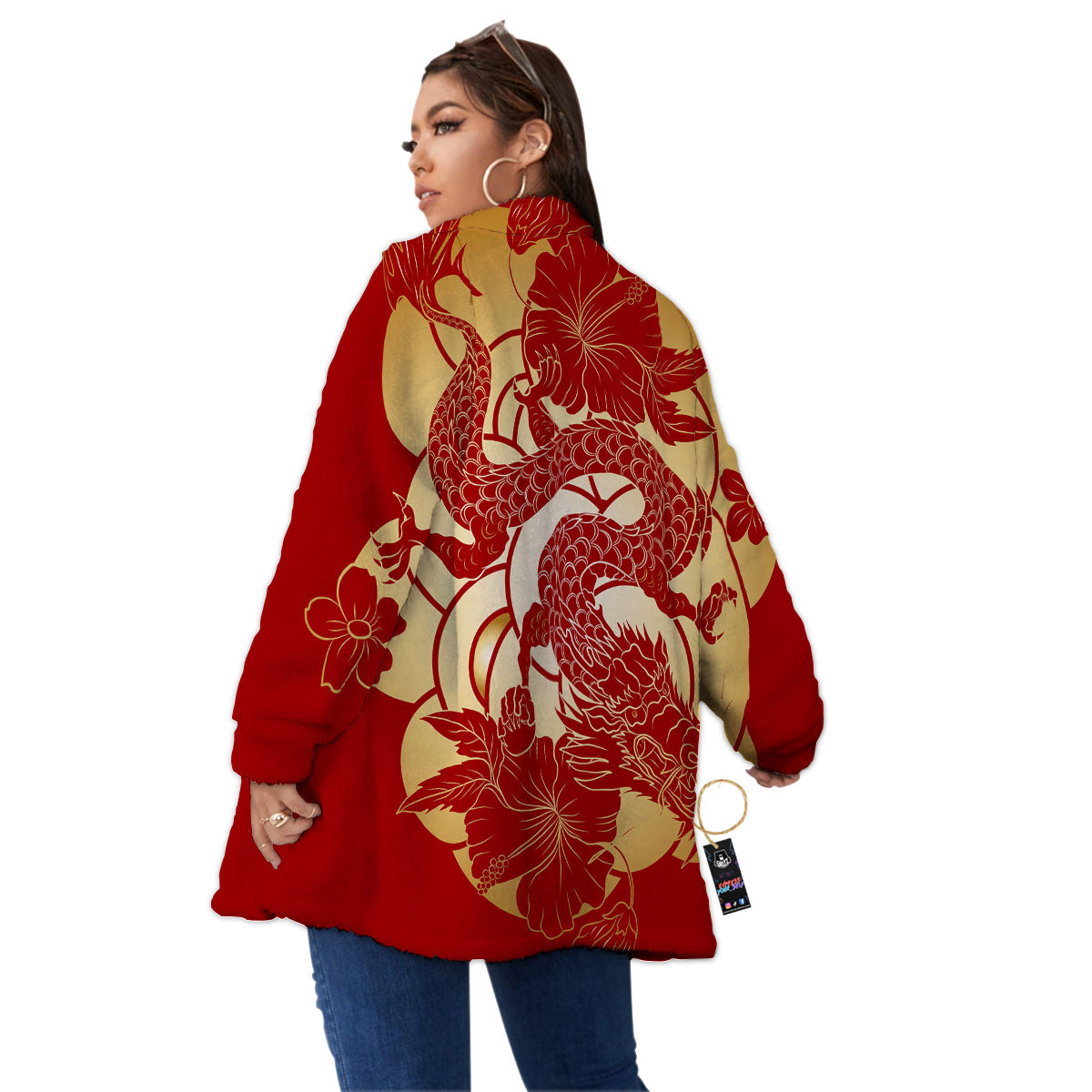 Dragon Tattoo Red Japanese Print Women's Sherpa Jacket-grizzshop