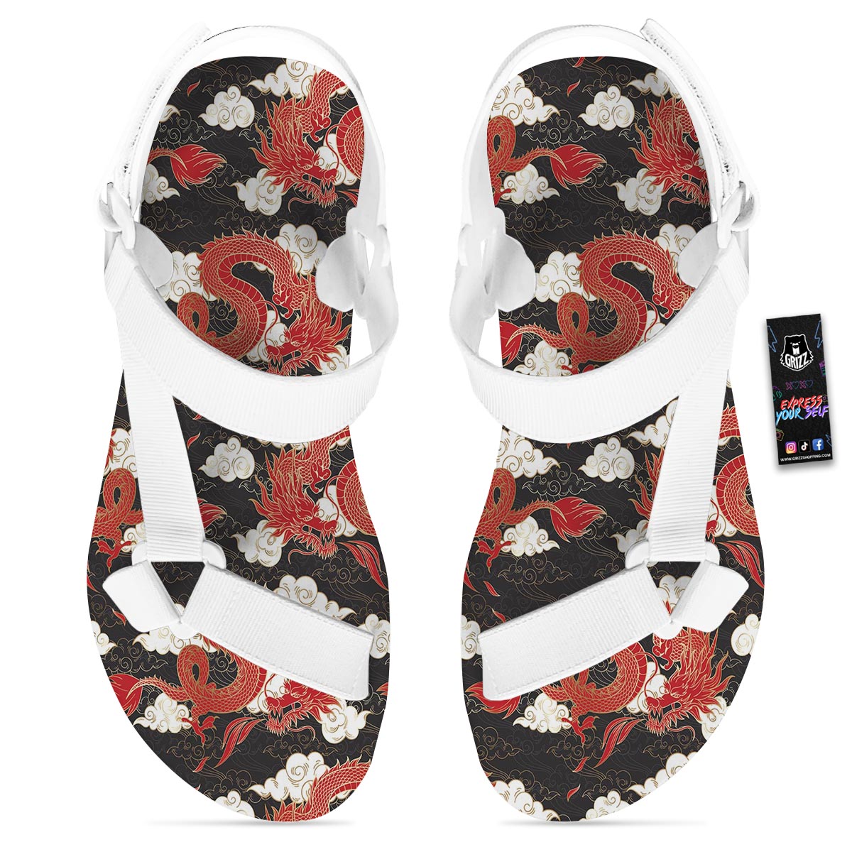 Dragon Traditional Chinese Print Pattern White Open Toe Sandals-grizzshop