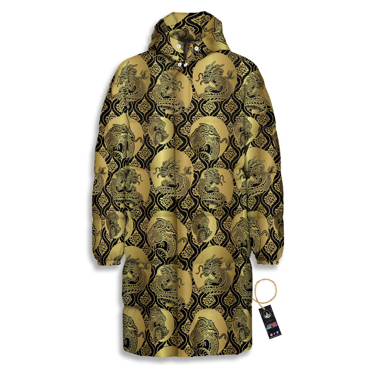 Dragon Gold And Black Print Pattern Long Down Jacket
