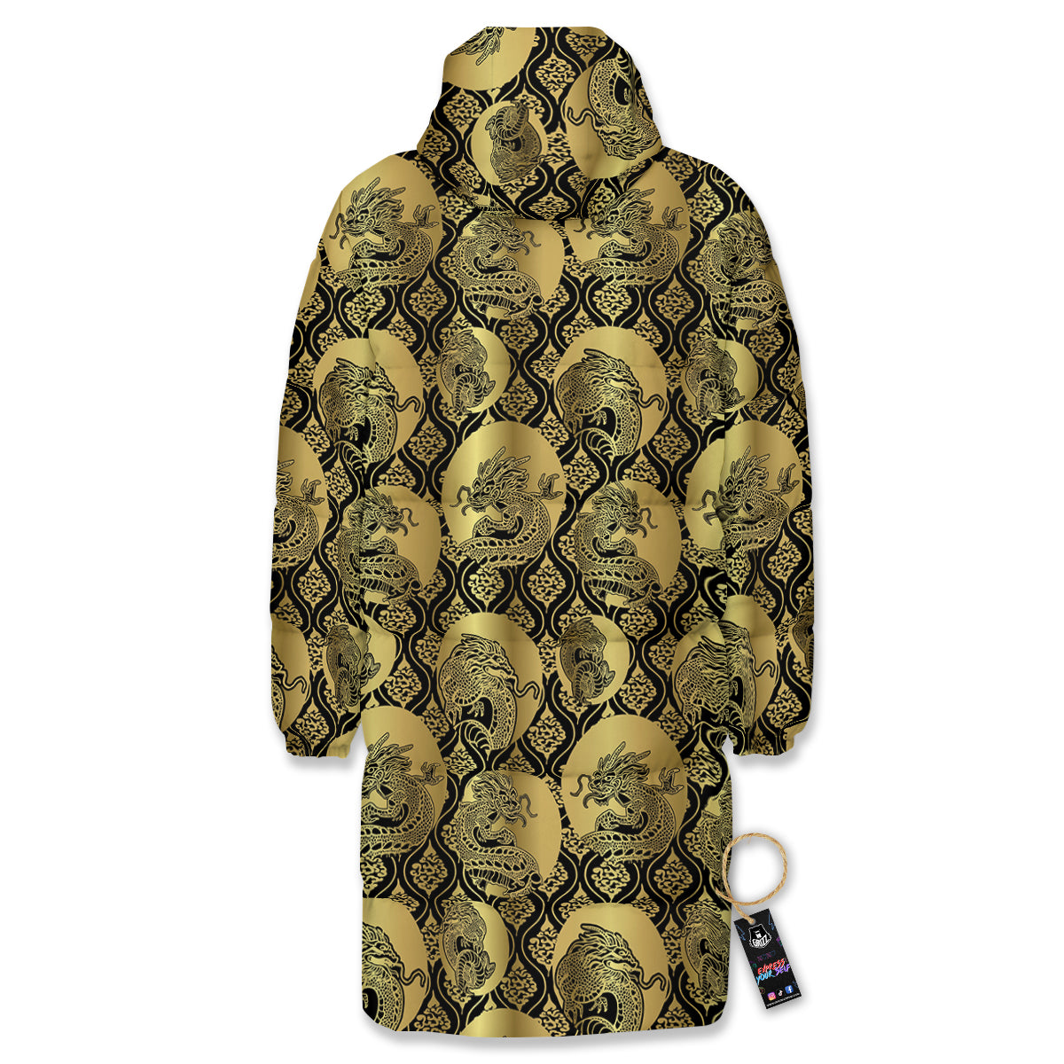 Dragon Gold And Black Print Pattern Long Down Jacket
