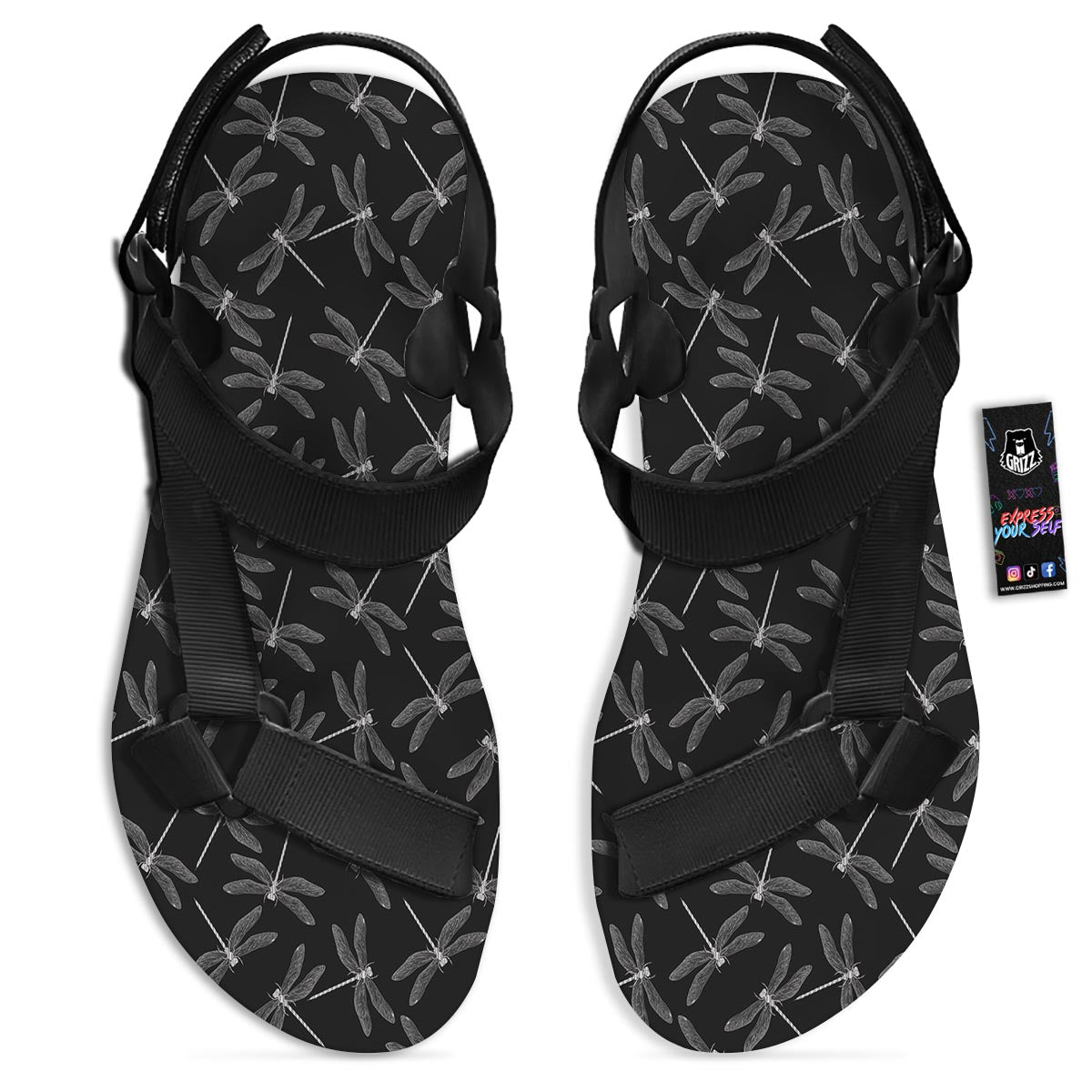 Dragonfly Black Print Pattern Black Open Toe Sandals-grizzshop