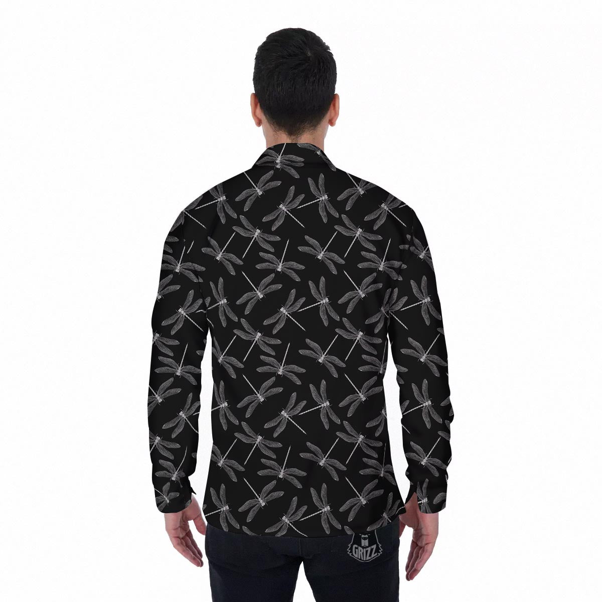 Dragonfly Black Print Pattern Men's Long Sleeve Shirts-grizzshop