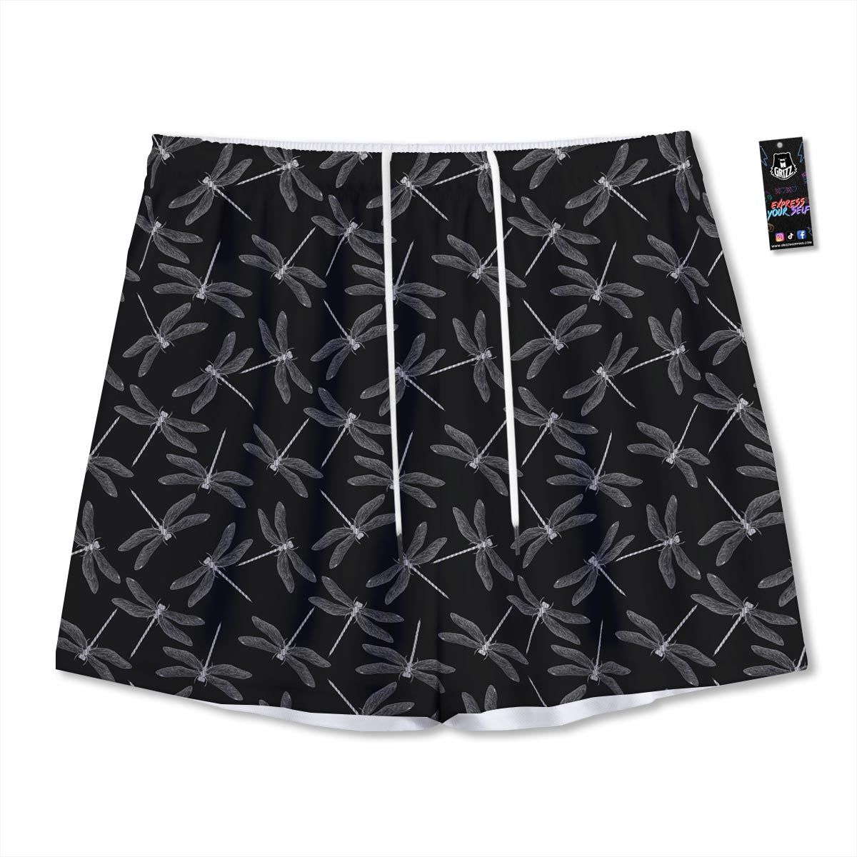 Dragonfly Black Print Pattern Mesh Shorts