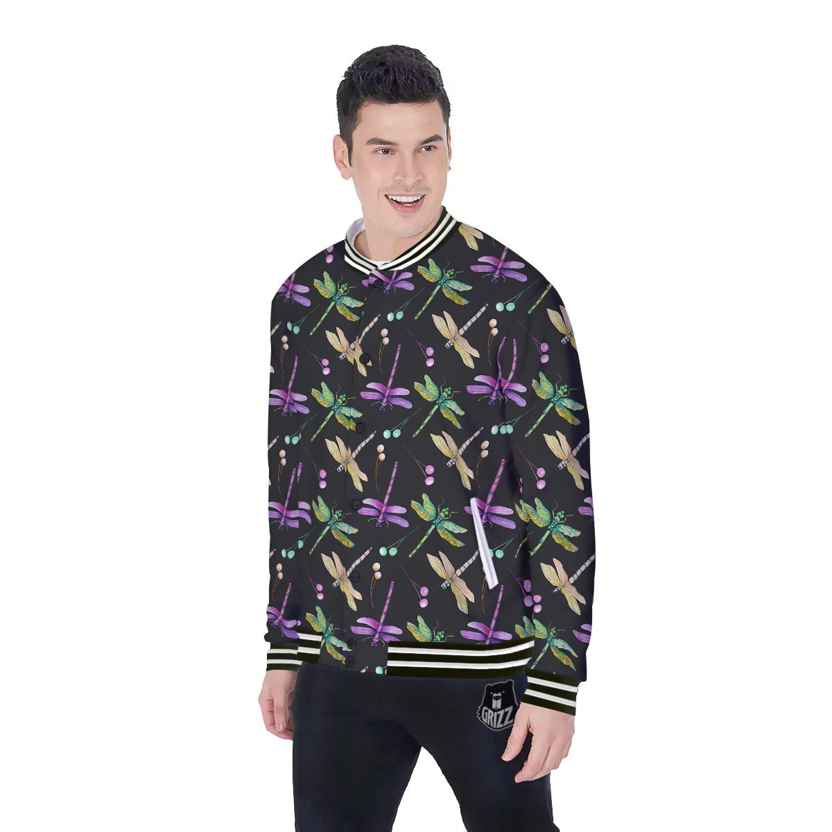 Dragonfly Black Purple And Teal Print Pattern Baseball Jacket-grizzshop