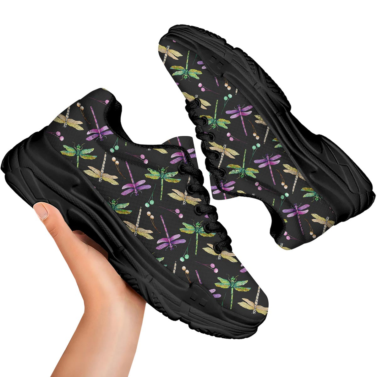 Dragonfly Black Purple And Teal Print Pattern Black Chunky Shoes-grizzshop