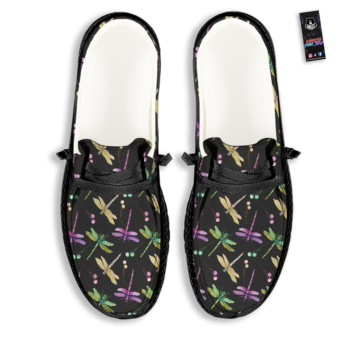 Dragonfly Black Purple And Teal Print Pattern Black Loafers-grizzshop