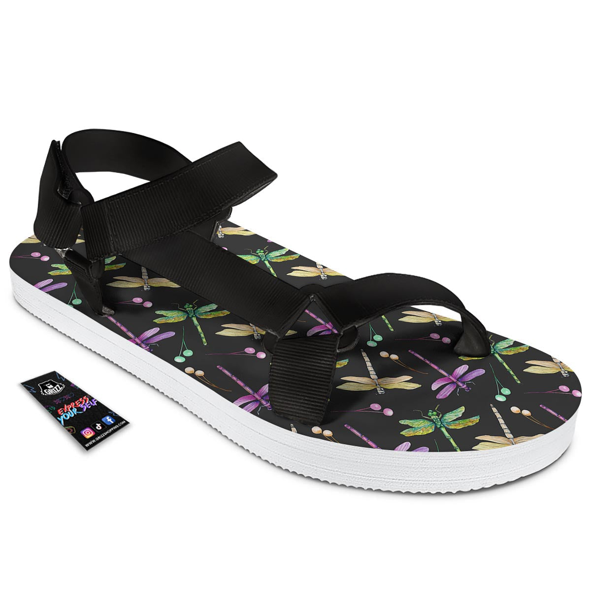Dragonfly Black Purple And Teal Print Pattern Black Open Toe Sandals-grizzshop