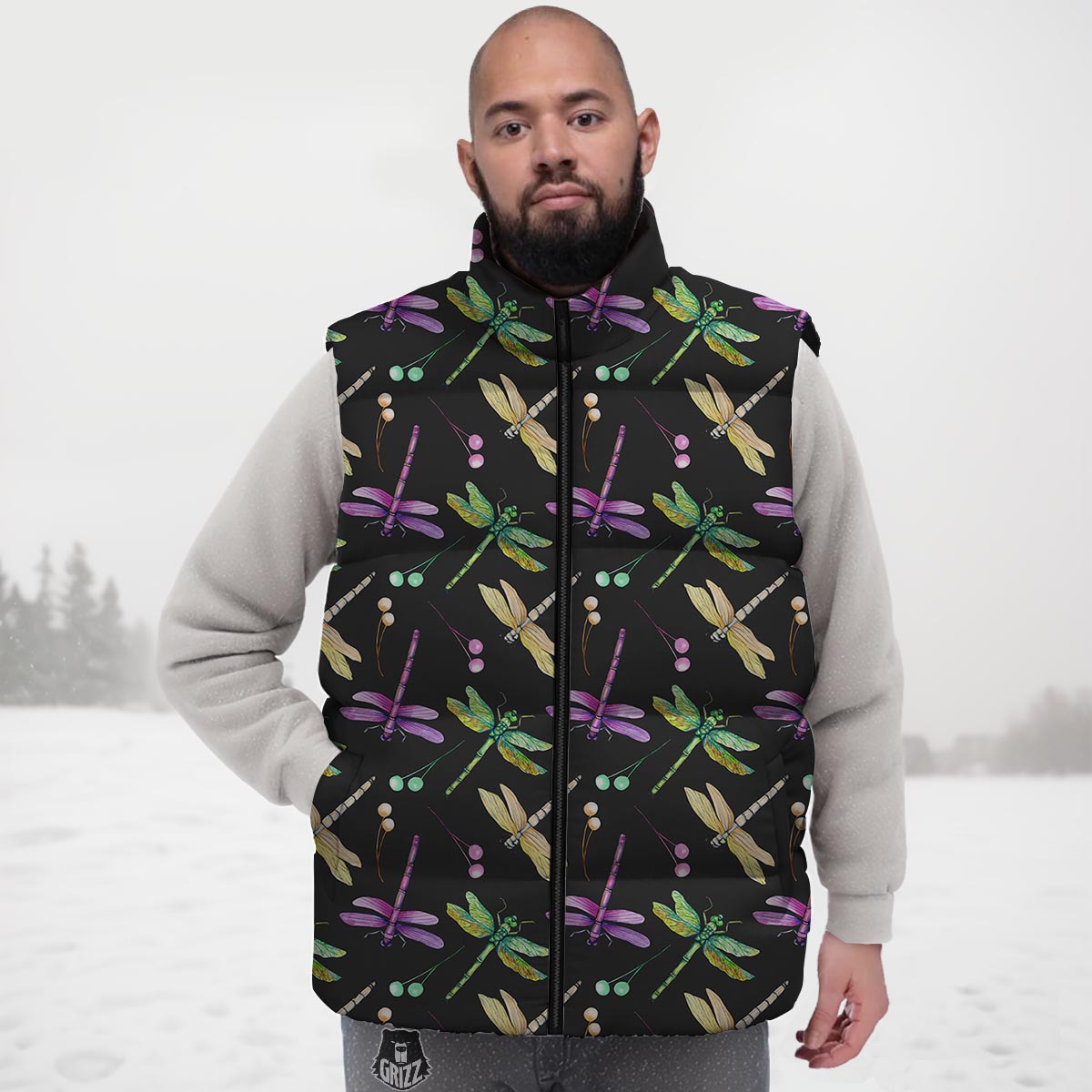 Dragonfly Black Purple And Teal Print Pattern Down Vest
