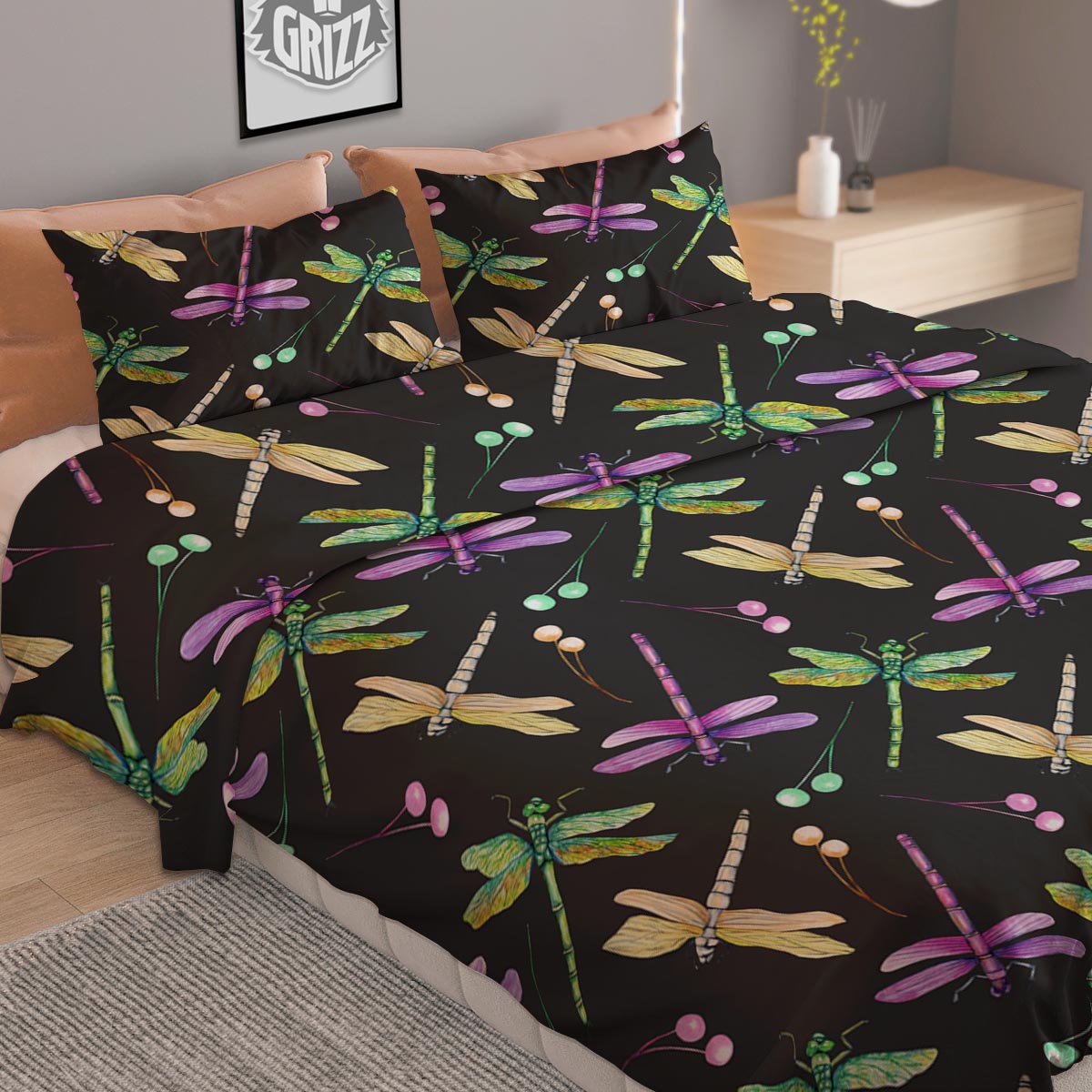 Dragonfly Black Purple And Teal Print Pattern Duvet Cover Bedding Set