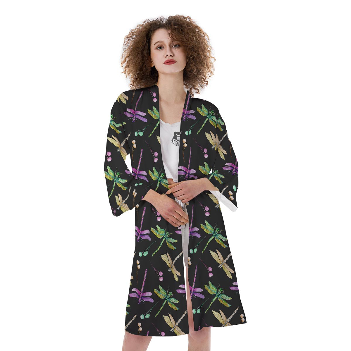 Dragonfly Black Purple And Teal Print Pattern Kimono-grizzshop