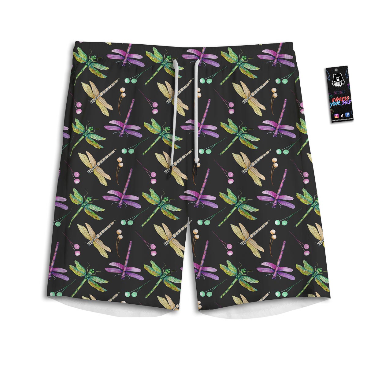 Dragonfly Black Purple And Teal Print Pattern Men's Athletic Shorts
