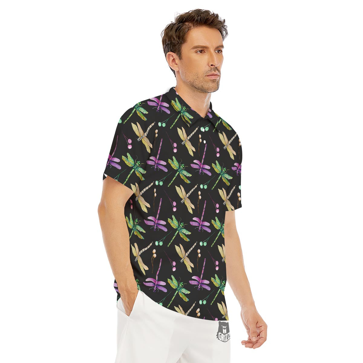 Dragonfly Black Purple And Teal Print Pattern Men's Golf Shirts-grizzshop