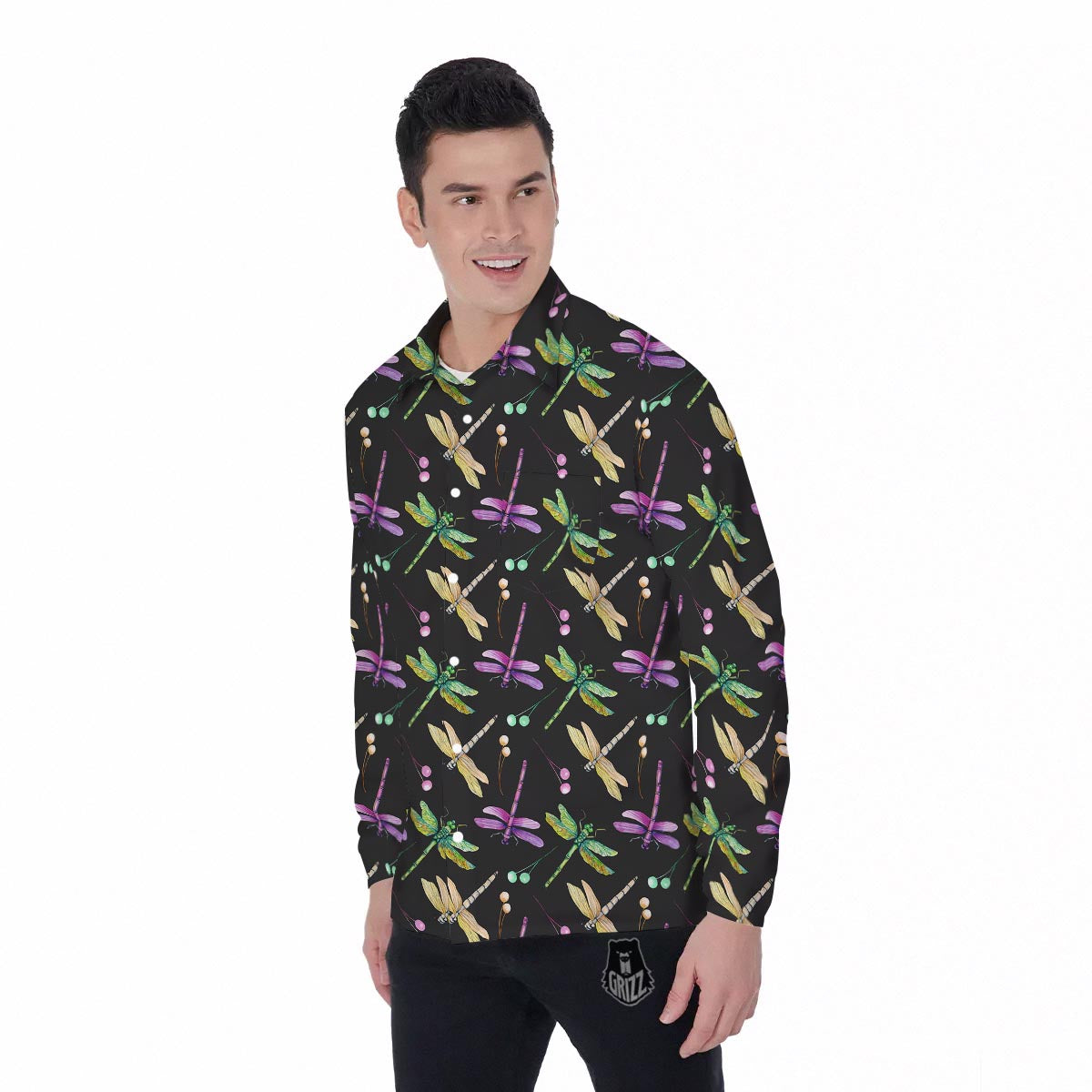 Dragonfly Black Purple And Teal Print Pattern Men's Long Sleeve Shirts-grizzshop