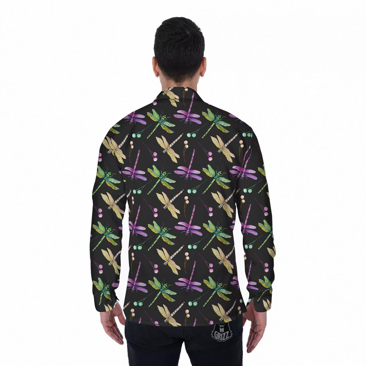 Dragonfly Black Purple And Teal Print Pattern Men's Long Sleeve Shirts-grizzshop