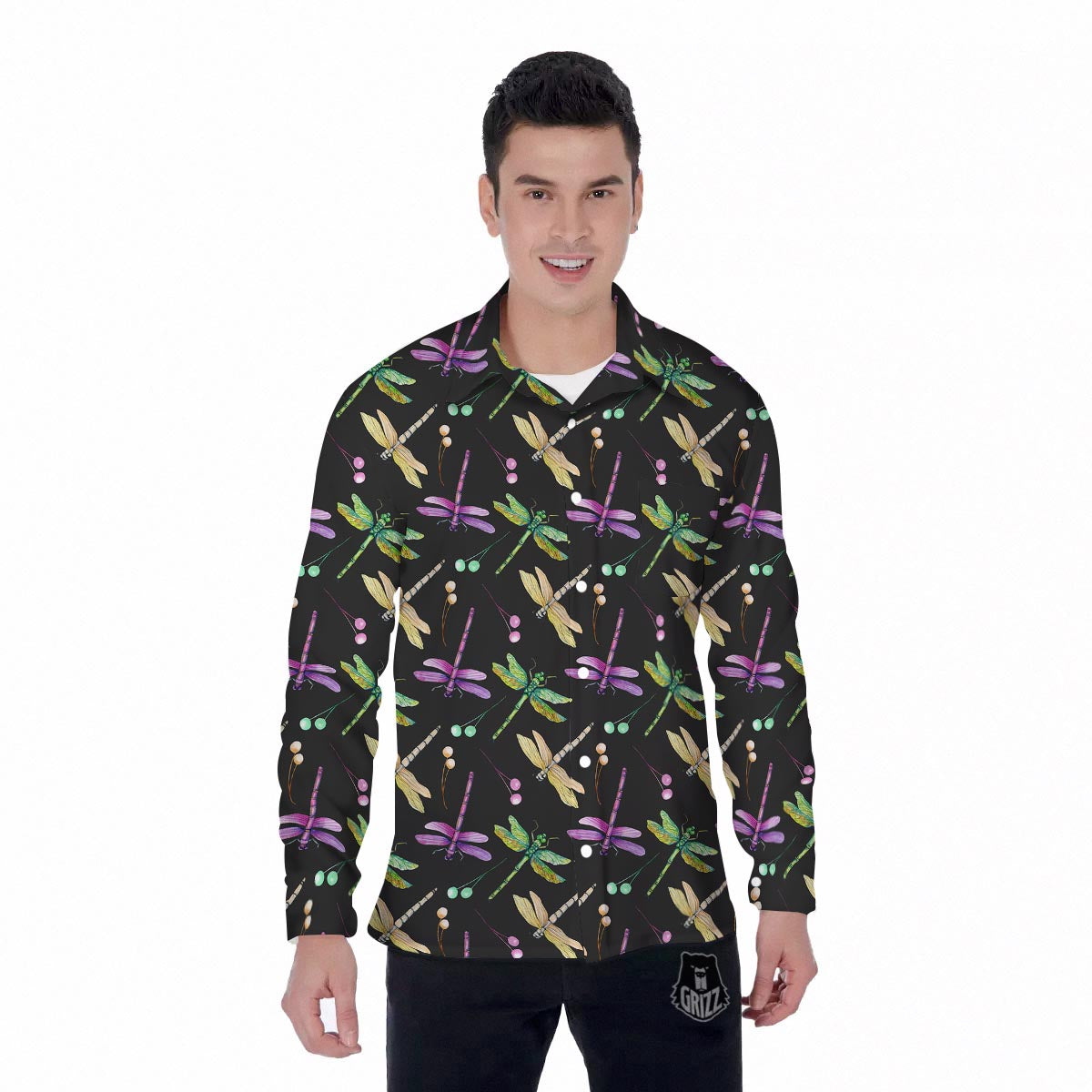 Dragonfly Black Purple And Teal Print Pattern Men's Long Sleeve Shirts-grizzshop