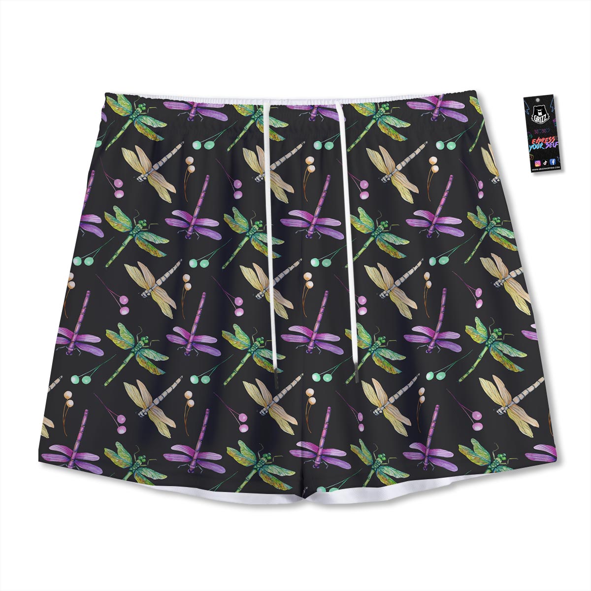 Dragonfly Black Purple And Teal Print Pattern Mesh Shorts