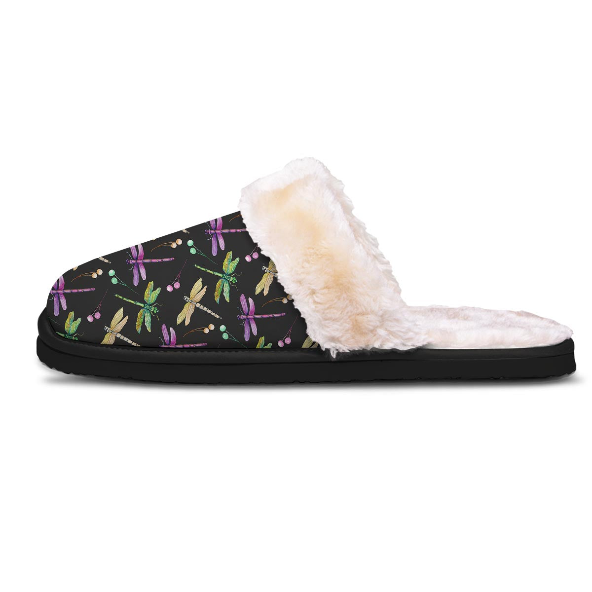 Dragonfly Black Purple And Teal Print Pattern Slippers-grizzshop