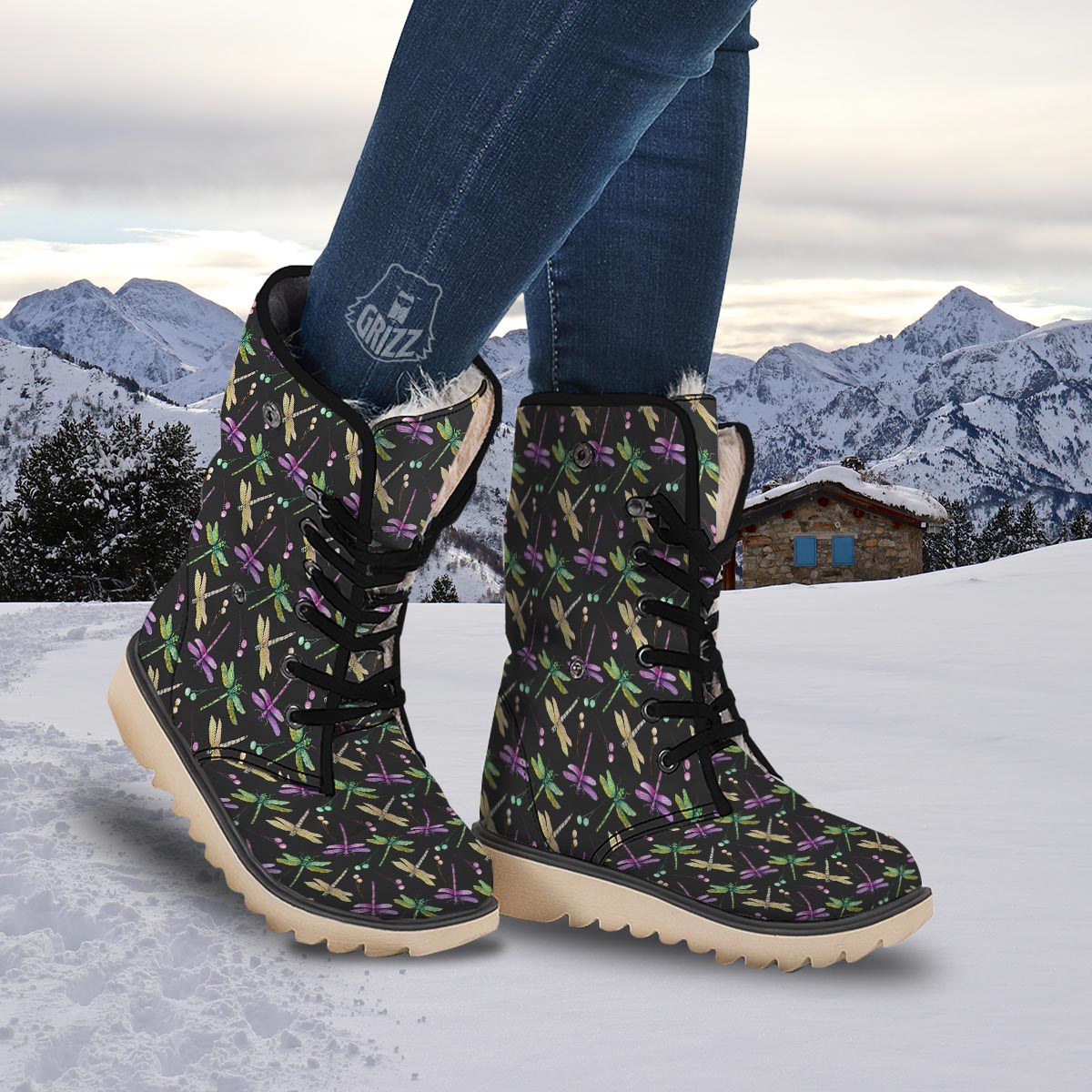 Dragonfly Black Purple And Teal Print Pattern Snow Boots-grizzshop