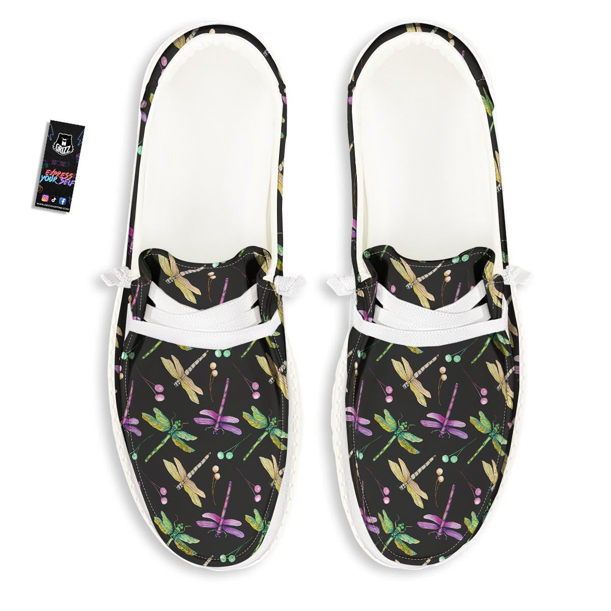 Dragonfly Black Purple And Teal Print Pattern White Loafers-grizzshop