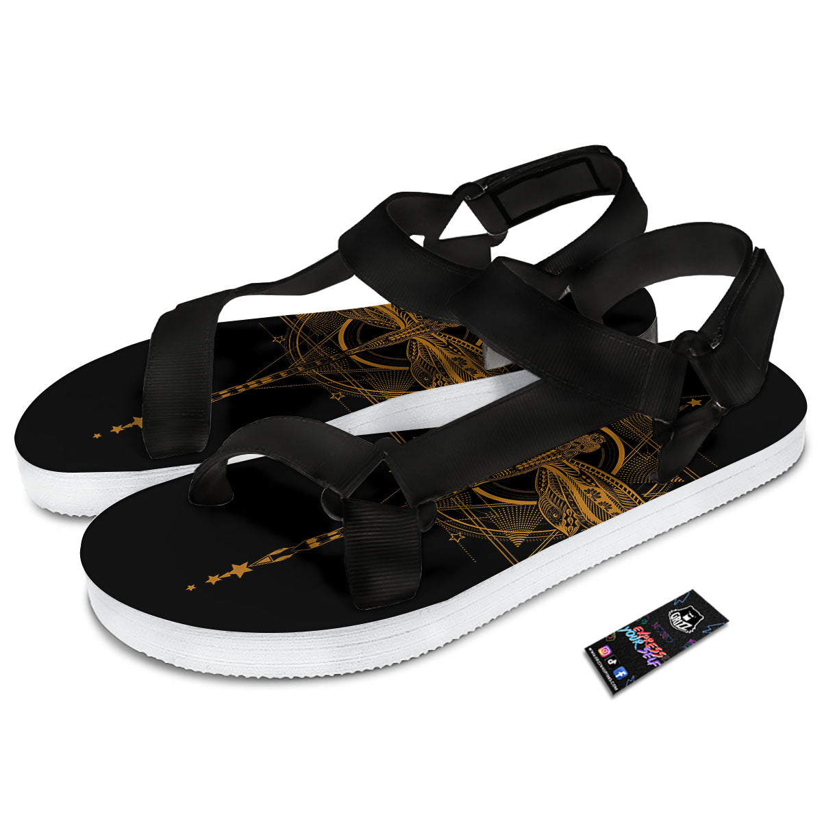 Dragonfly Boho Gold Print Black Open Toe Sandals-grizzshop
