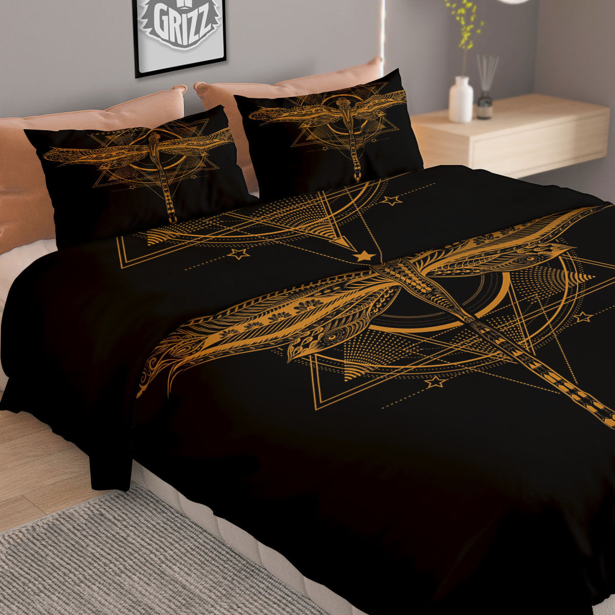 Dragonfly Boho Gold Print Duvet Cover Bedding Set