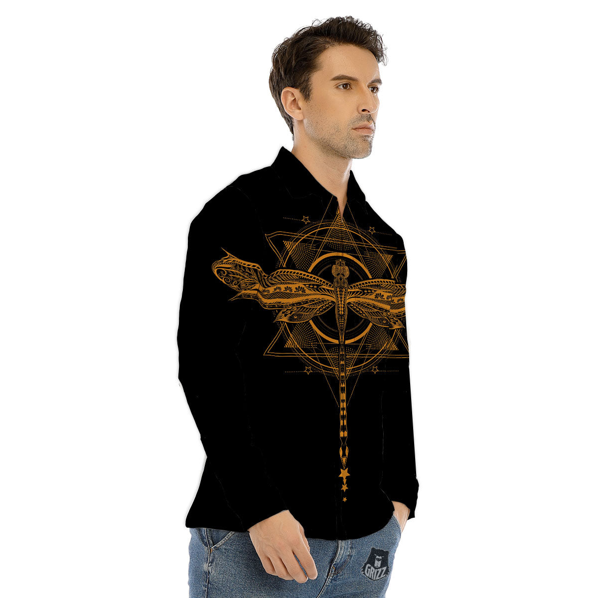 Dragonfly Boho Gold Print Men's Dress Shirts-grizzshop