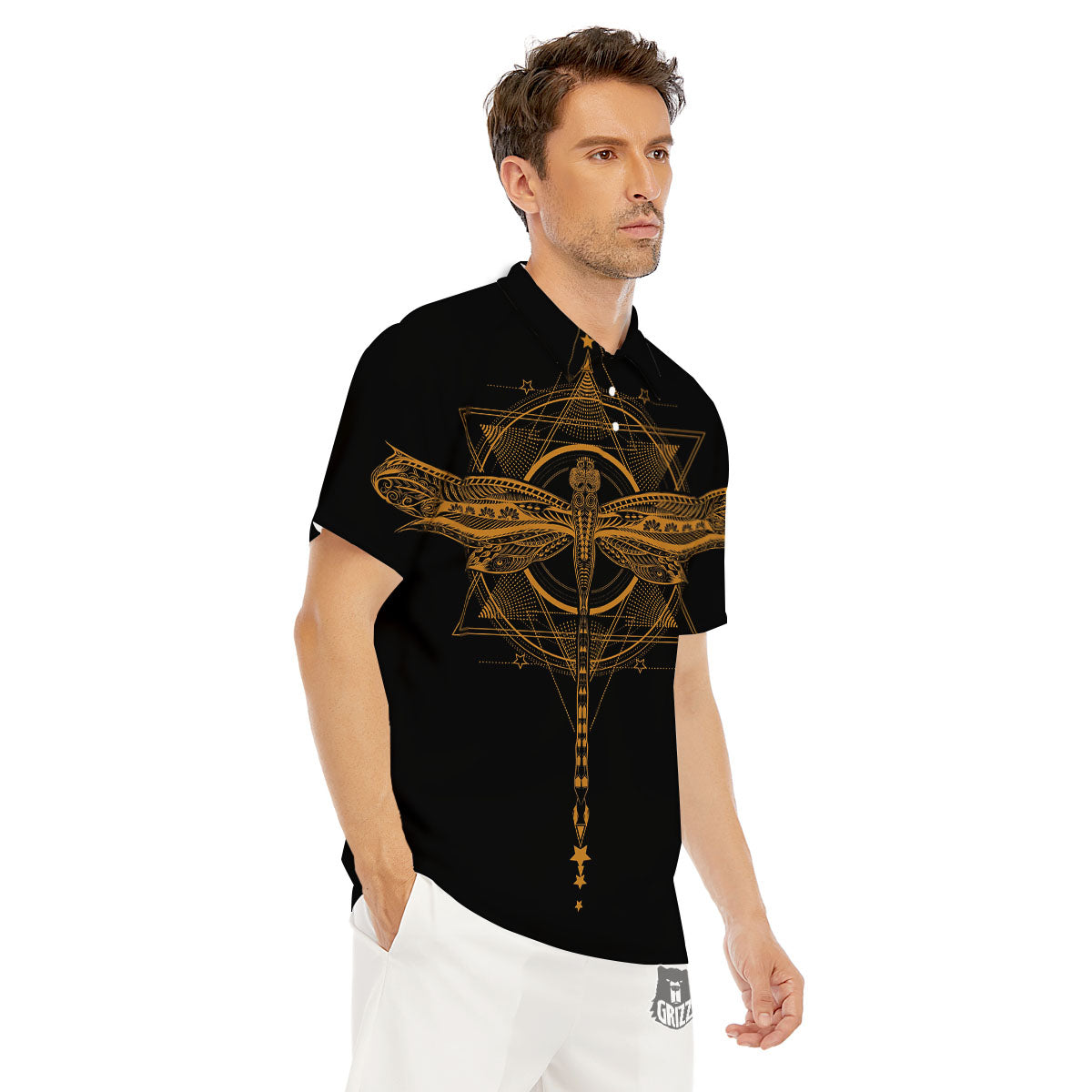 Dragonfly Boho Gold Print Men's Golf Shirts-grizzshop