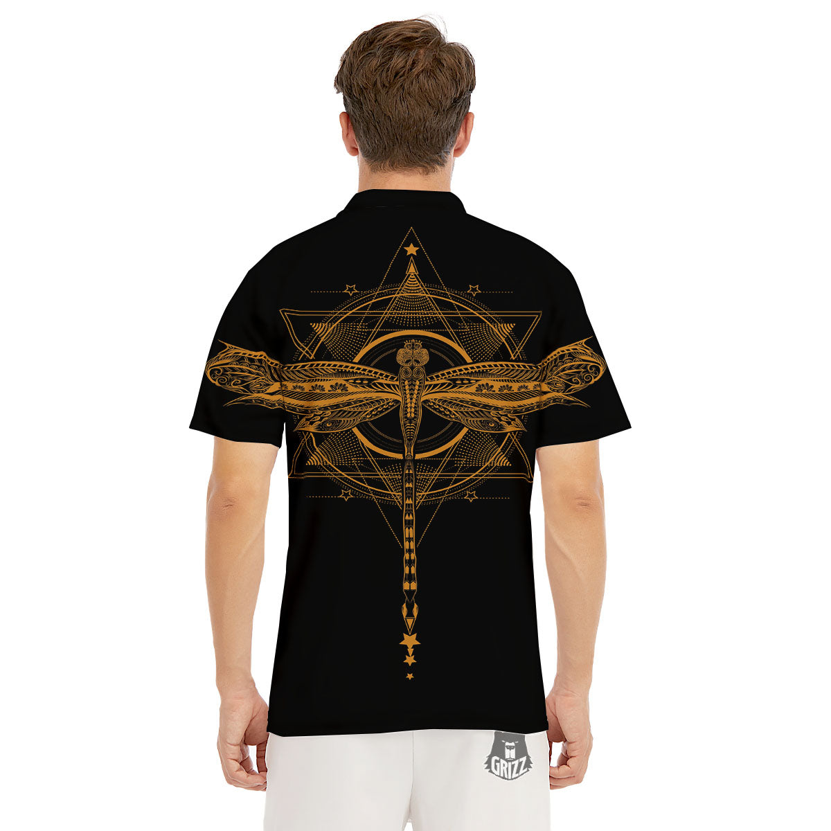 Dragonfly Boho Gold Print Men's Golf Shirts-grizzshop