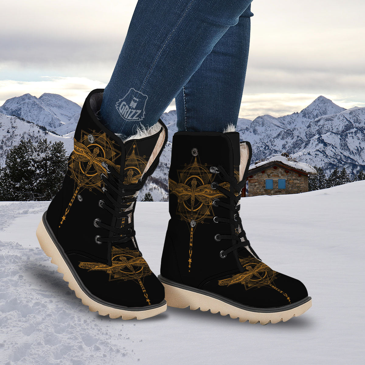 Dragonfly Boho Gold Print Snow Boots-grizzshop