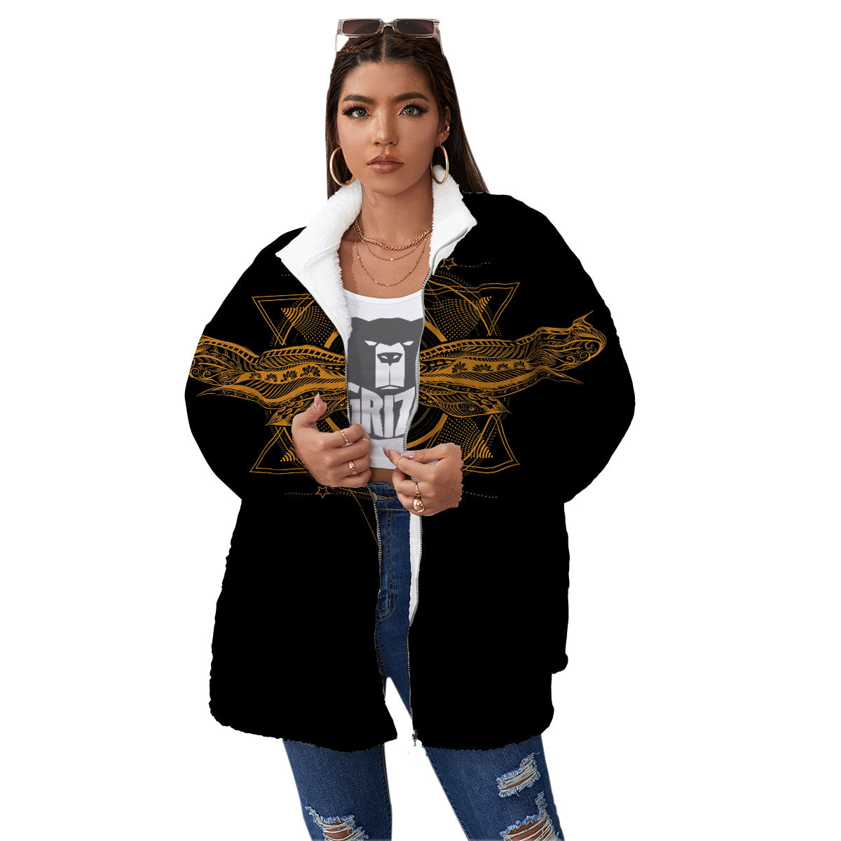 Dragonfly Boho Gold Print Women's Sherpa Jacket-grizzshop