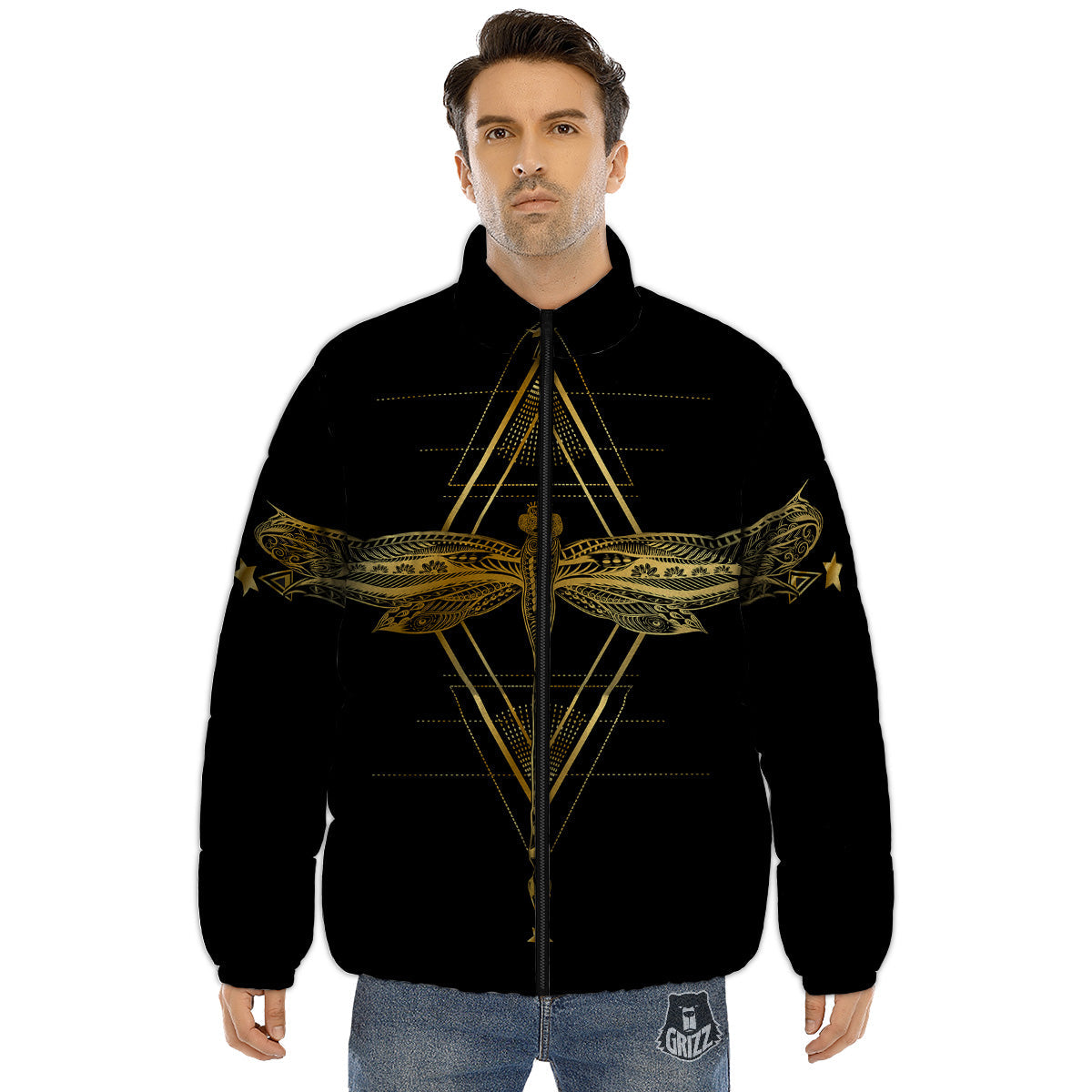 Dragonfly Boho Spiritual Print Puffer Jacket-grizzshop