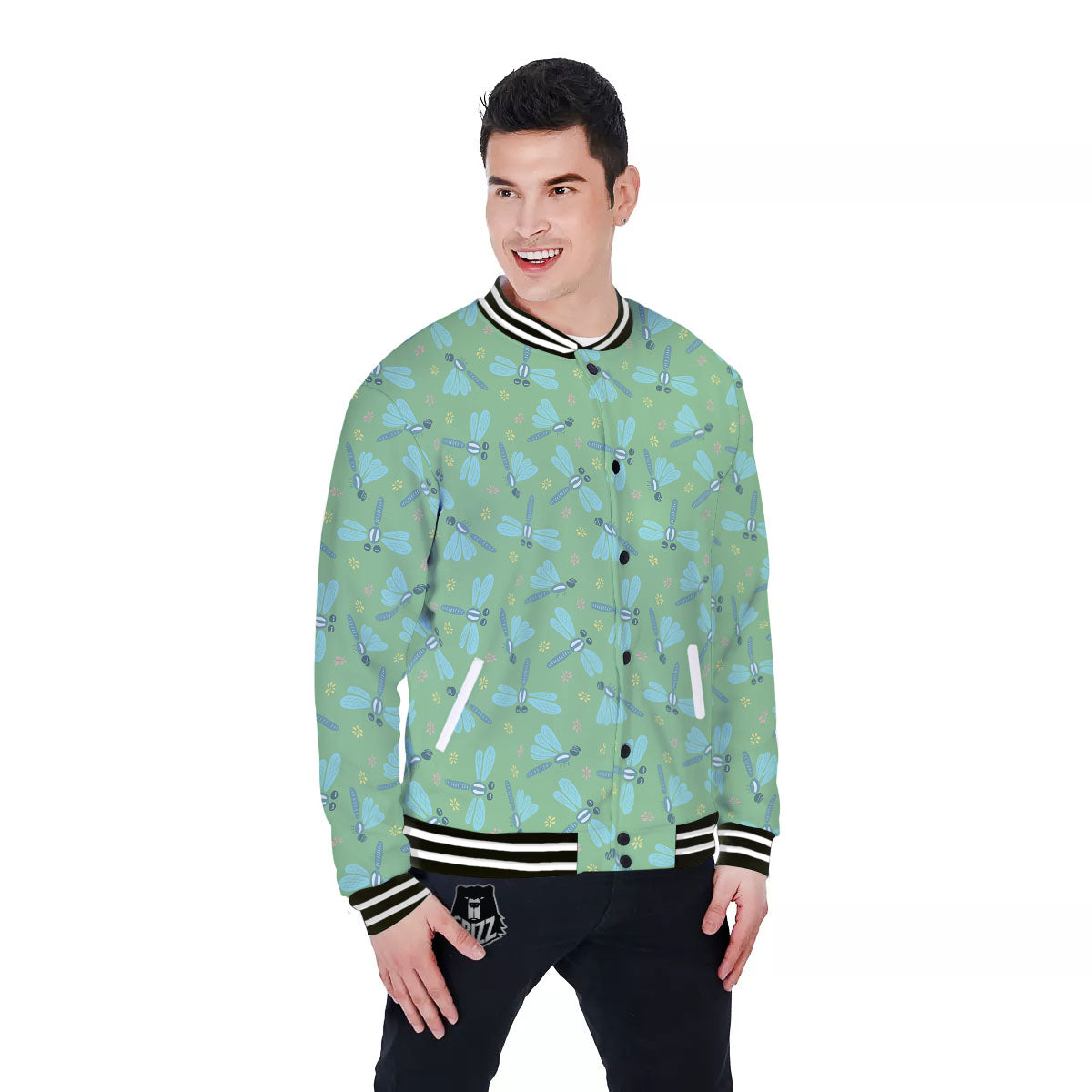 Dragonfly Green Print Pattern Baseball Jacket-grizzshop