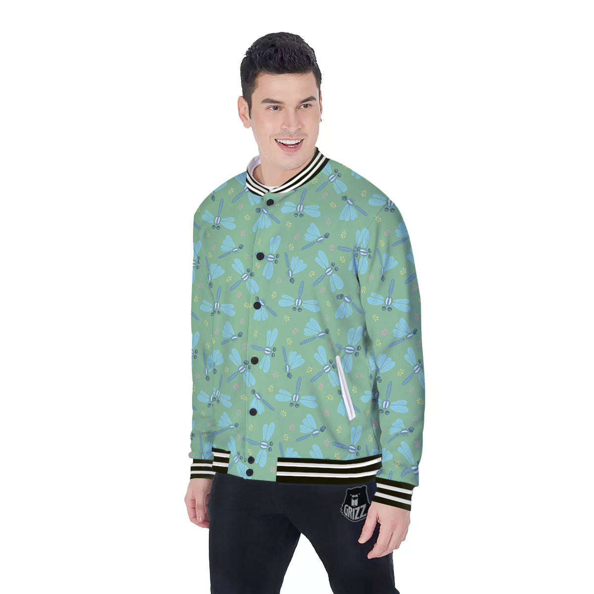 Dragonfly Green Print Pattern Baseball Jacket-grizzshop