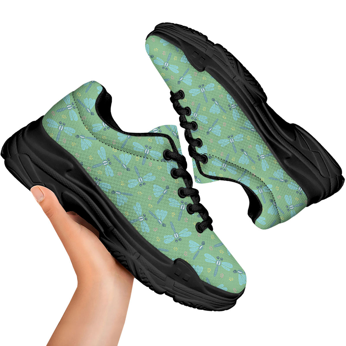 Dragonfly Green Print Pattern Black Chunky Shoes-grizzshop