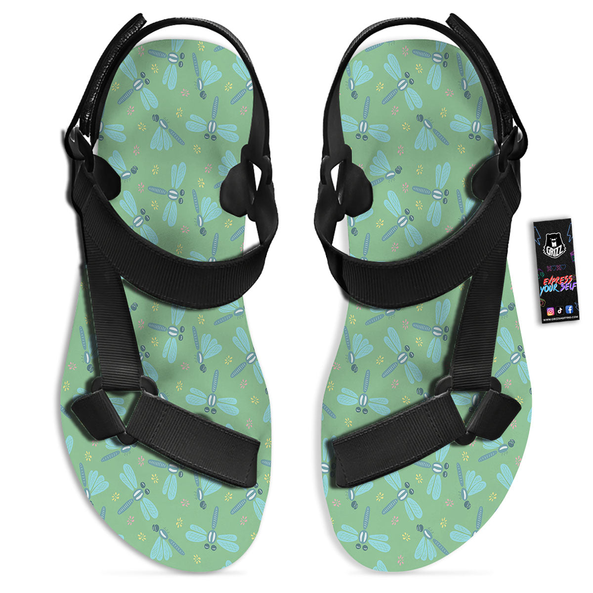 Dragonfly Green Print Pattern Black Open Toe Sandals-grizzshop