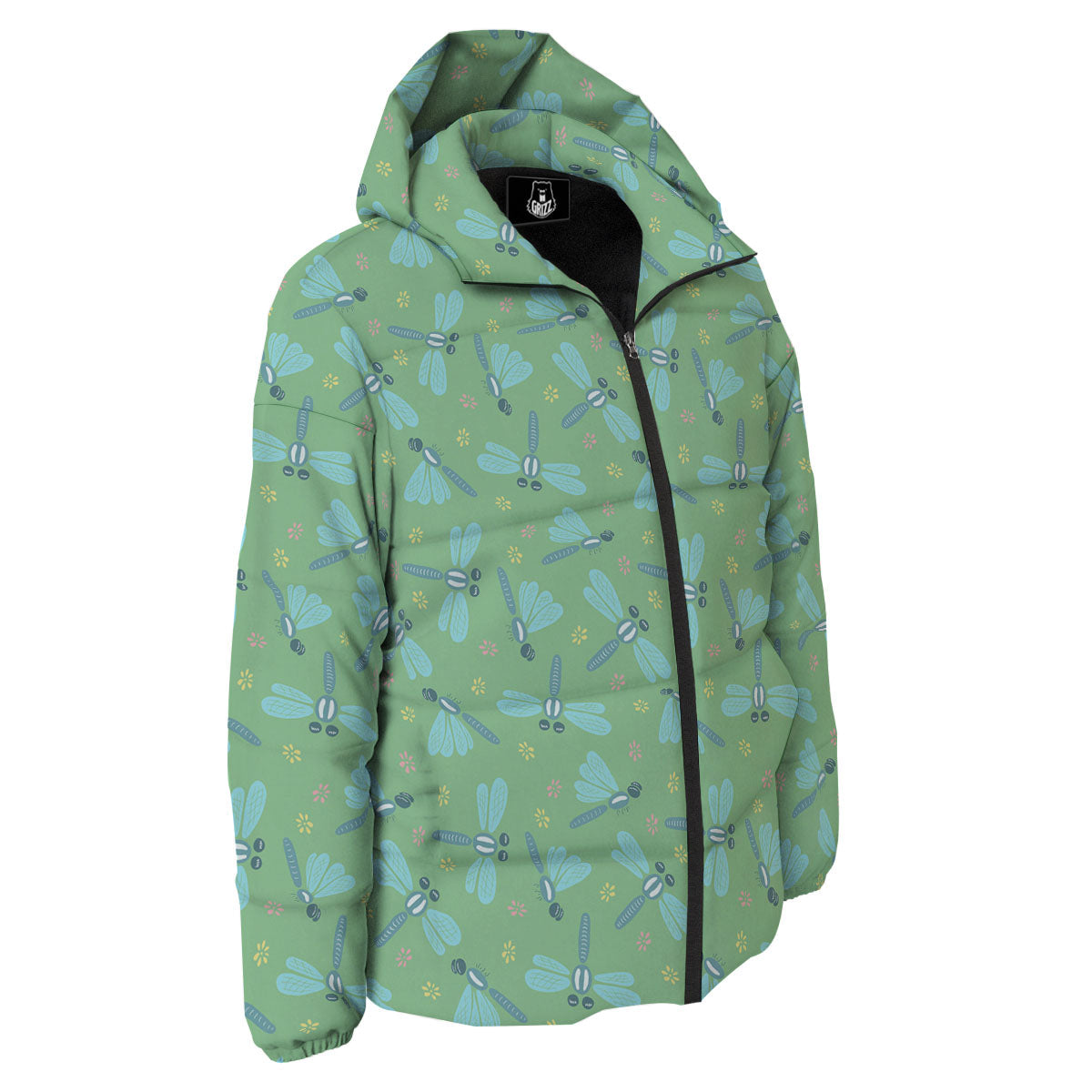 Dragonfly Green Print Pattern Down Jacket-grizzshop