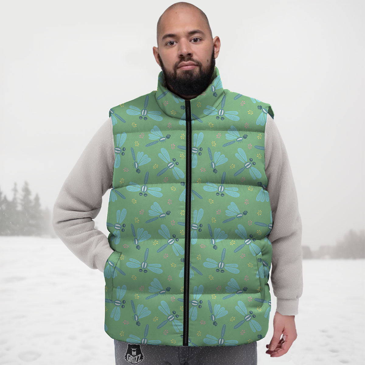 Dragonfly Green Print Pattern Down Vest-grizzshop