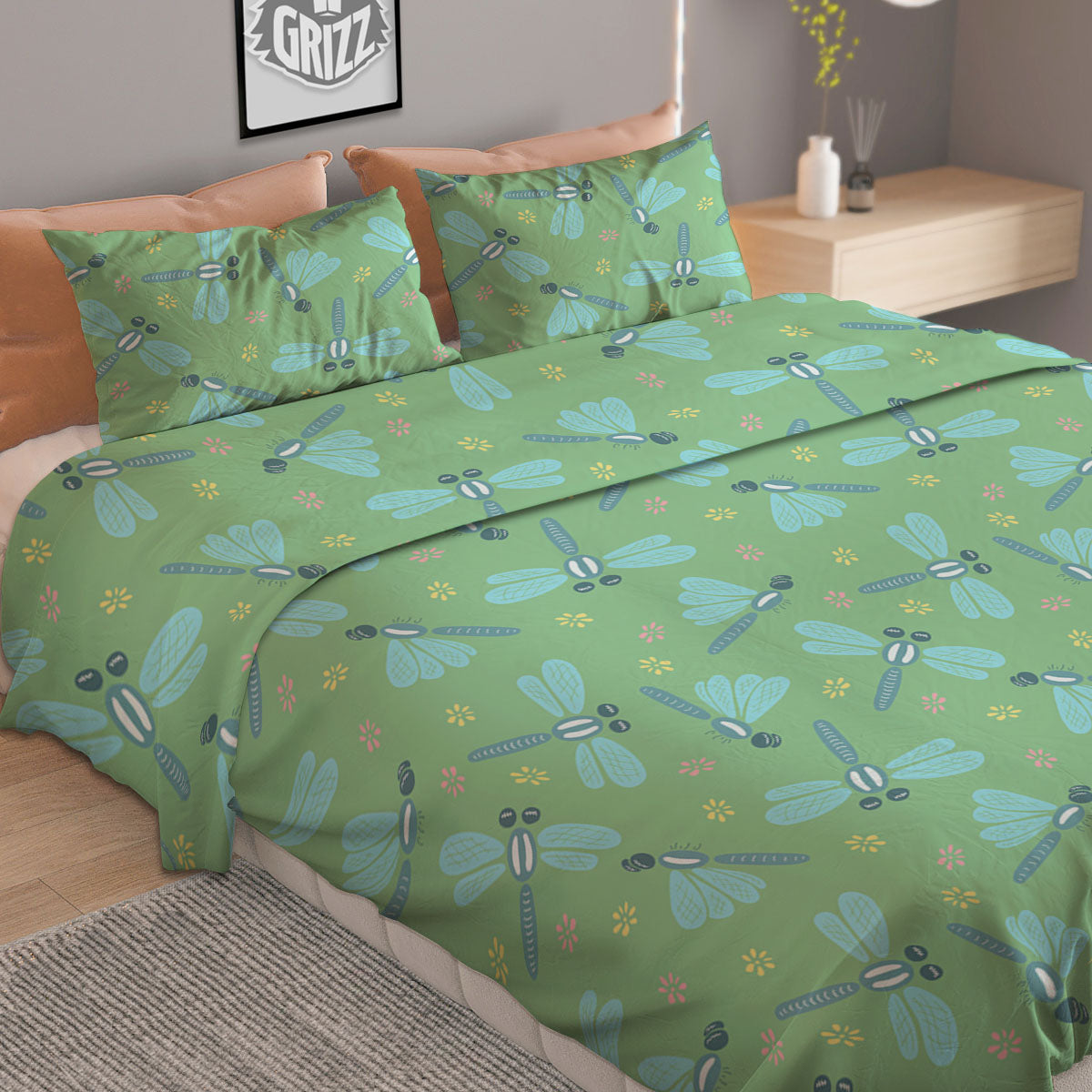 Dragonfly Green Print Pattern Duvet Cover Bedding Set