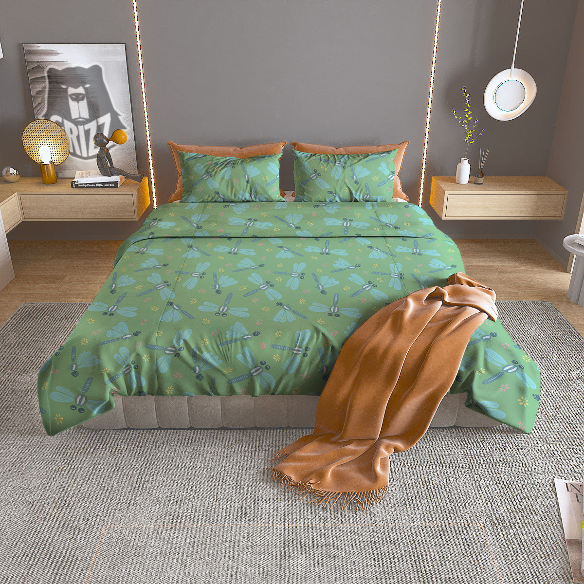 Dragonfly Green Print Pattern Duvet Cover Bedding Set