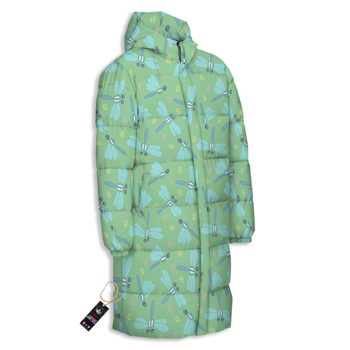 Dragonfly Green Print Pattern Long Down Jacket-grizzshop