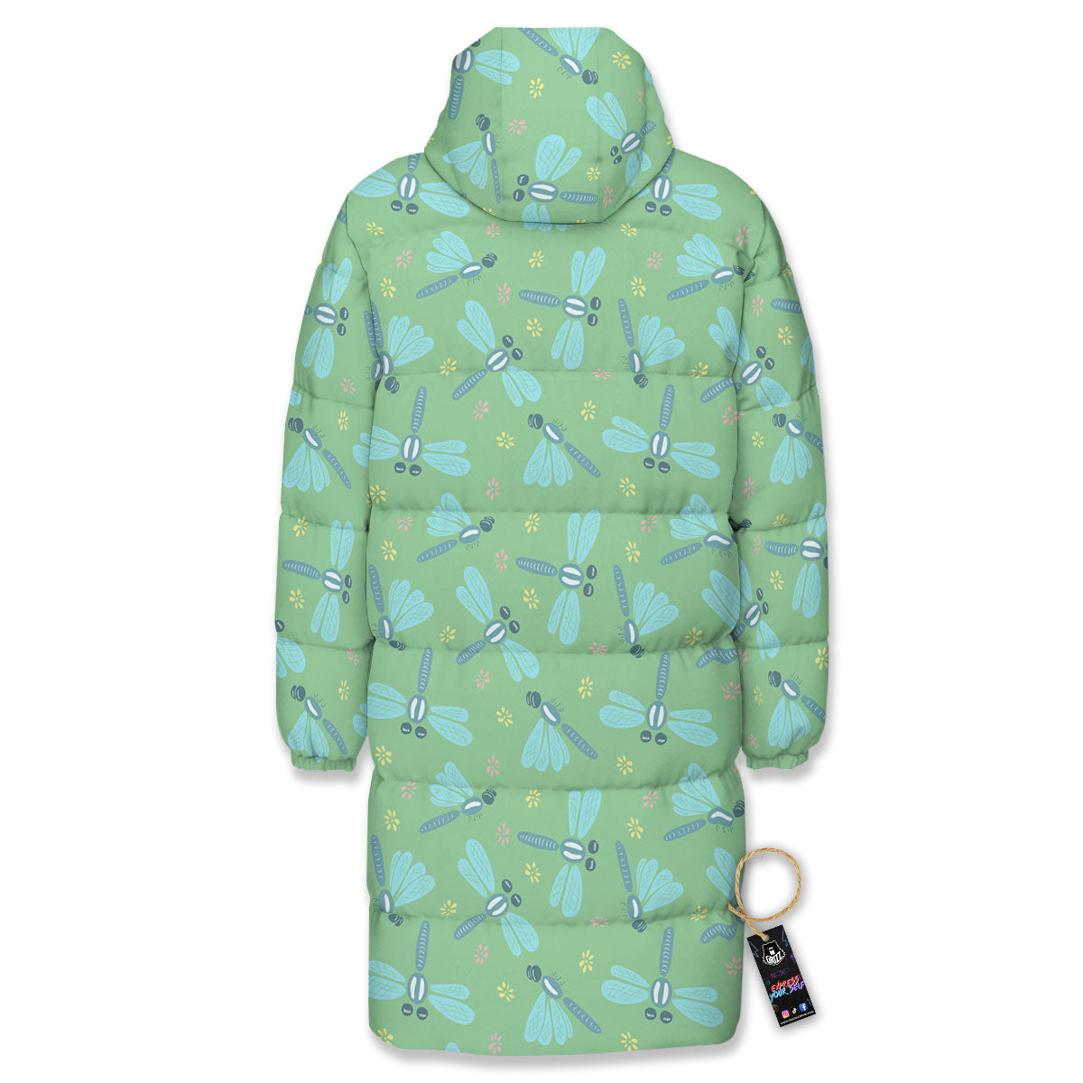 Dragonfly Green Print Pattern Long Down Jacket-grizzshop
